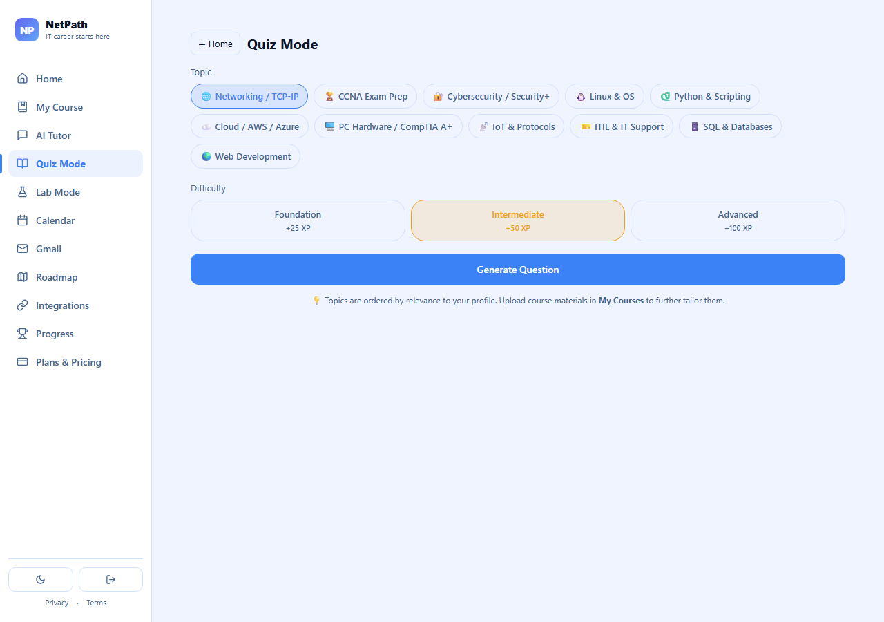 ItPath AI quiz mode screen